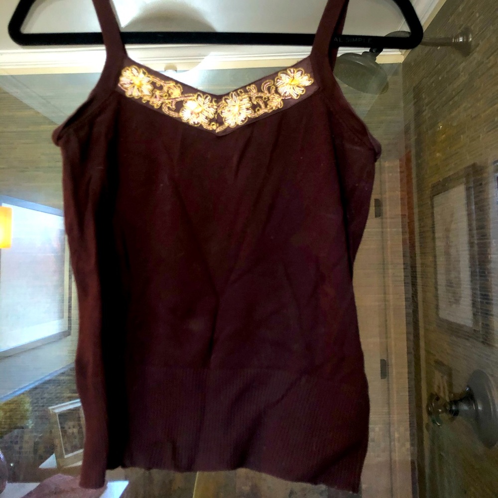 Women’s brown tank with gold embroidered neckline
